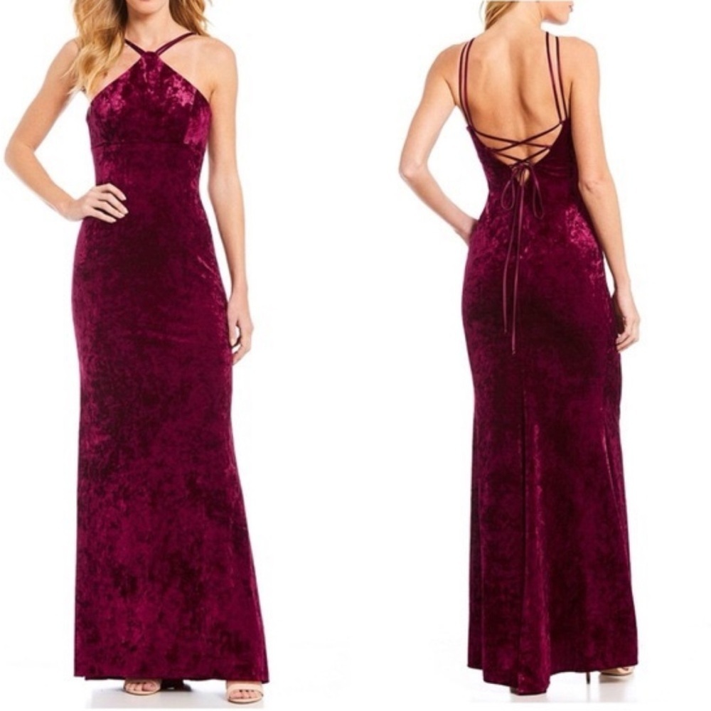 XSCAPE Burgundy Velvet High Neck Lace Up Back Fitted Gown Cocktail Dress 8 NEW